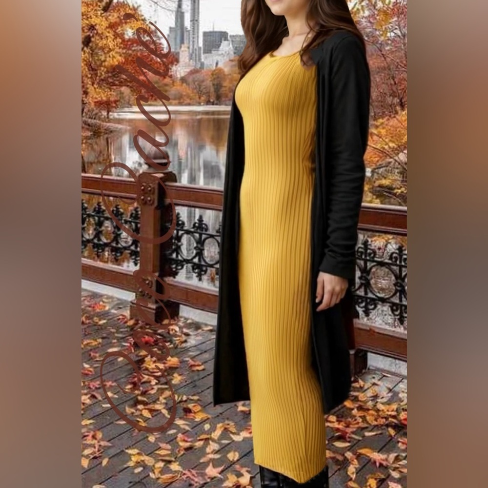Elegant Yellow Ribbed Sleeveless Midi Tank Dress - Picture 2 of 10